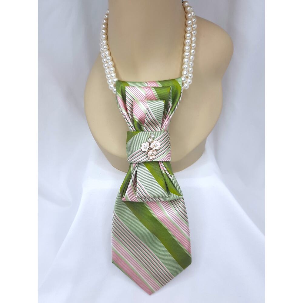 Artisan Luxurious Silk Tie Necklace Pink Green Cream Striped Japan Pearl Strand